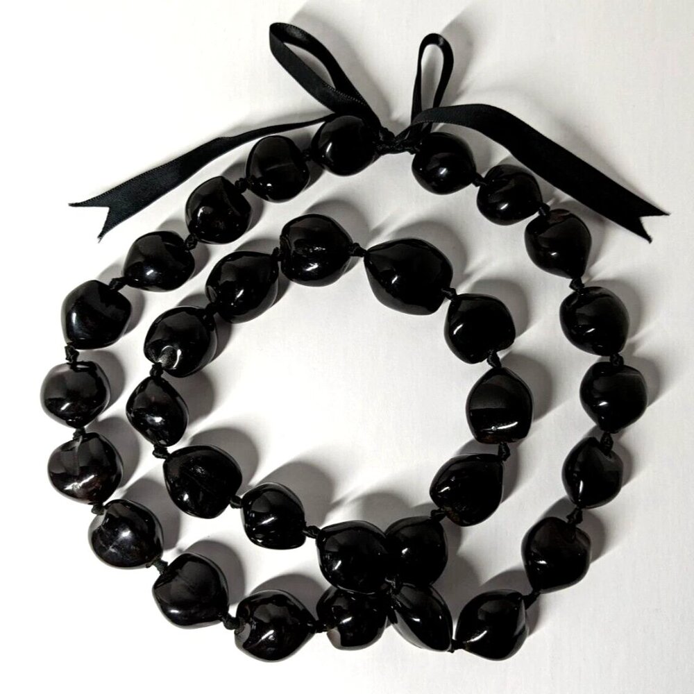Hawaiian Glossy, Black Kukui Nut Lei Necklace 38", Lot of 2